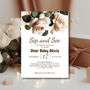 Elegant Beige Rose Sip and See Girl Baby Shower Invitation