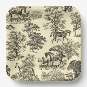 Elegant Beige Rustic Horses Toile Paper Plate