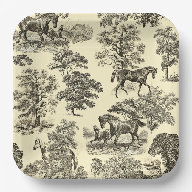 Elegant Beige Rustic Horses Toile Paper Plate (Front)