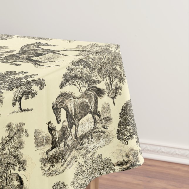 Elegant Beige Rustic Horses Toile Tablecloth (In Situ)