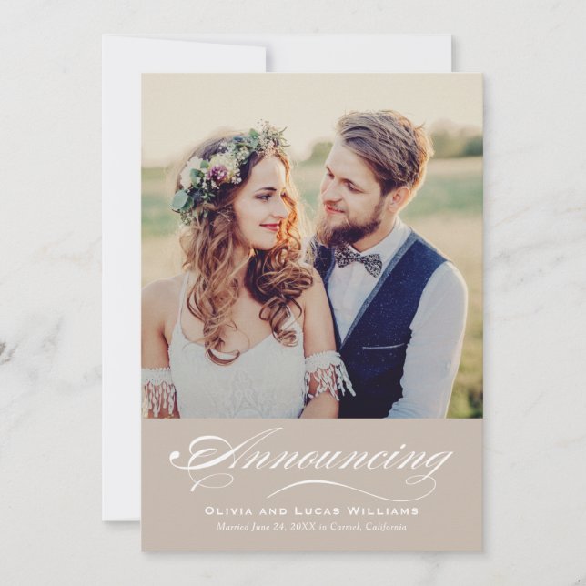 Elegant Beige Script Wedding Photo Reception Invitation (Front)