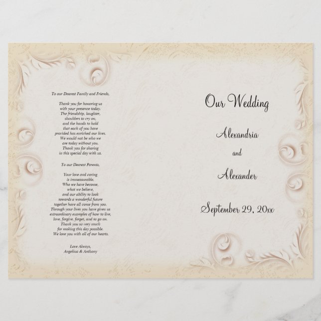 Elegant Beige Scrollwork Wedding Program (Front)