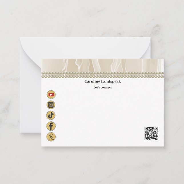 Elegant Beige Silk, Social Media & QR Code Card (Front)