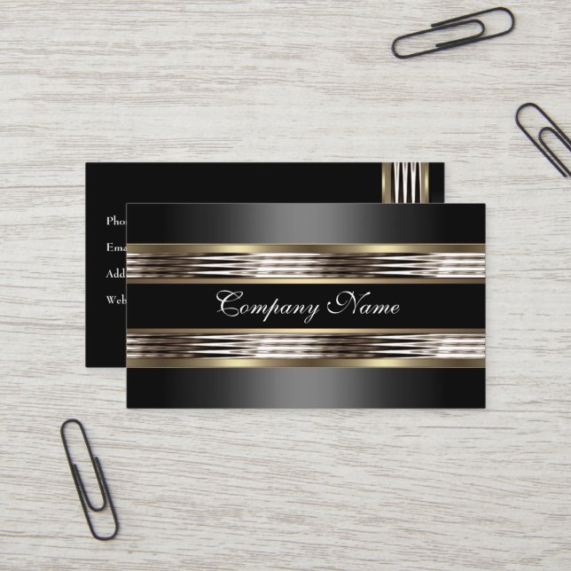 Elegant Beige Silver Chrome Metal Black Business Card (Front/Back In Situ)