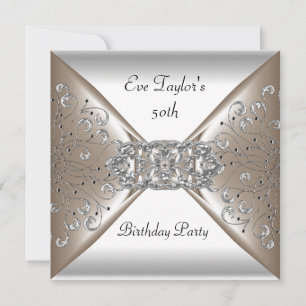 Elegant Beige Silver White 50th Birthday Party Invitation