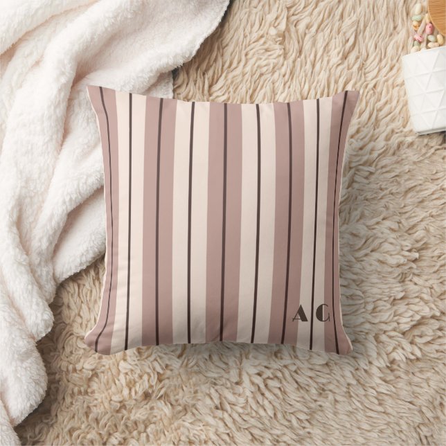 Elegant Beige Taupe Brown Stripes Custom Monogram Throw Pillow (Blanket)