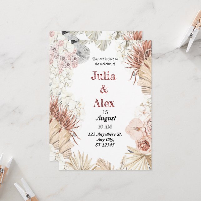 Elegant Beige Tropical Watercolor Boho Bouquet Wed Invitation (Front/Back In Situ)