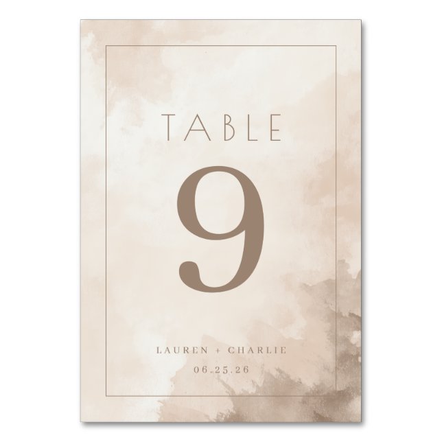 Elegant Beige Watercolor Table Number (Front)