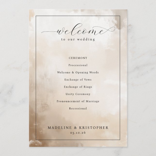 Elegant Beige Watercolor Wedding Ceremony Program (Front)