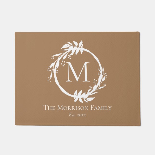 Elegant Beige White Wreath Family Name Monogram Doormat (Front)