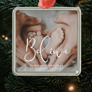 Elegant Believe First Christmas as a family of 3 Metal Ornament