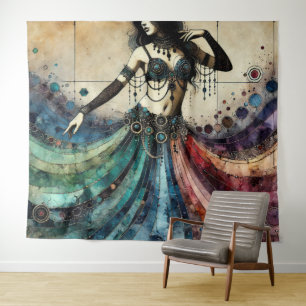 Elegant Belly Dancer Flowing Jewel-Toned Costume Tapestry