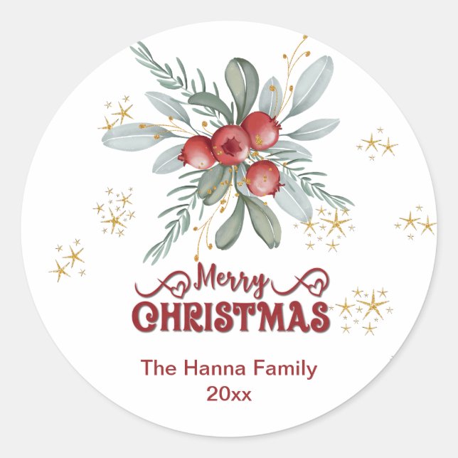 Elegant Berry and Greenery, Red Merry Christmas  Classic Round Sticker (Front)