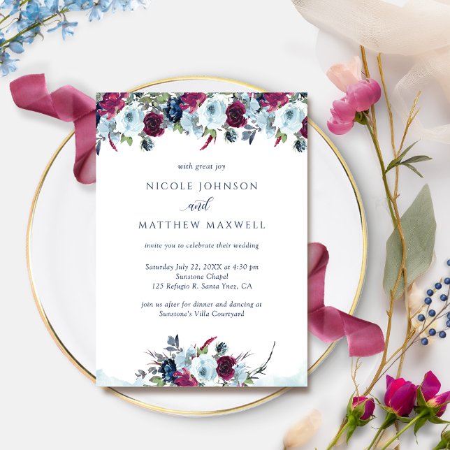Elegant Berry, Burgundy and Blue Blooms Wedding Invitation (Creator Uploaded)