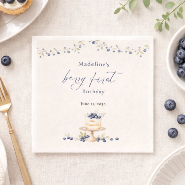 Elegant Berry First Blueberry Birthday Party Napkin (Creator Uploaded)