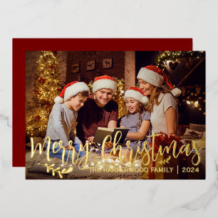 Elegant Berry Leaves Christmas Family One Photo Foil Holiday Card