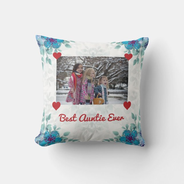 Elegant Best Auntie Ever BAE Photo Hearts Floral Throw Pillow (Front)