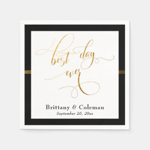 Elegant Best Day Ever Black & Gold Stripe Napkin