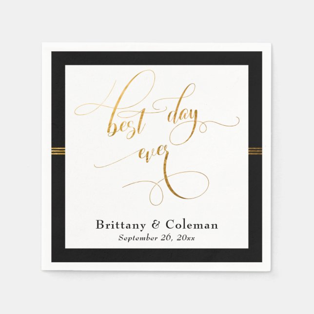 Elegant Best Day Ever Black & Gold Stripe Napkin (Front)