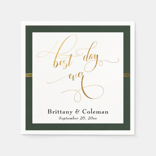 Elegant Best Day Ever Evergreen & Gold Stripe Napkin (Front)