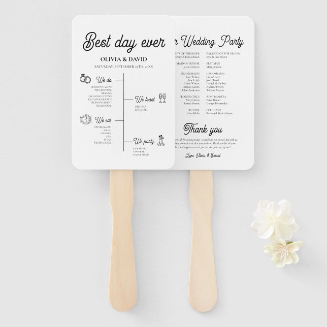 Elegant Best Day Ever Wedding Timeline Program Hand Fan (Front and Back)