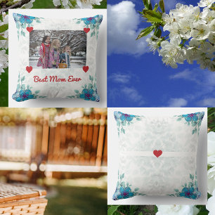 Elegant Best Mom Ever Photo Hearts Modern Script Throw Pillow