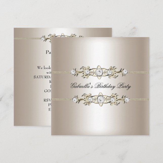 Elegant Biege Cream Gold Birthday Party Jewel Invitation (Front/Back)