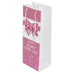 Elegant big pink bow glitter sparkle classy wine gift bag