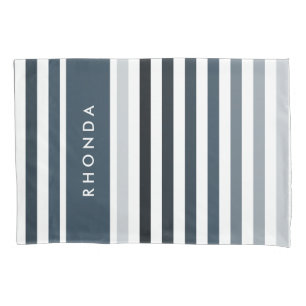 Elegant Big Stripes With Name in Steel Blue Pillowcase