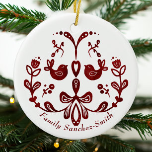 Elegant Bilingual Burgundy Birds Christmas Ceramic Ornament