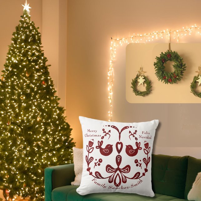 Elegant Bilingual Burgundy Birds Christmas Spanish Throw Pillow (Christmas Bilingual Spanish Feliz Navidad thow pillow, custom & familiy name multilingual Project)