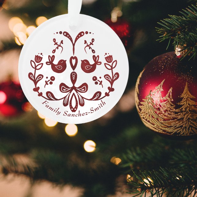 Élégant Bilingue Burgundy Birds Noël (Christmas Bilingual Ornament, Spanish, custom family name Español Multilingual Project)