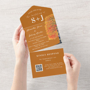 Elegant Birch Tree Fall QR Code Wedding RSVP All In One Invitation