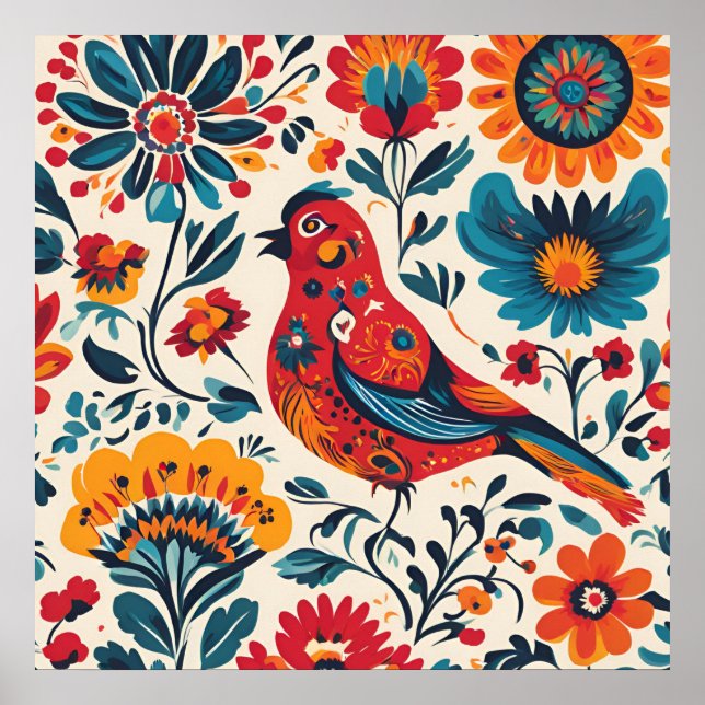 Elegant Bird Design in Polish Folk Art Style Poster (Front)