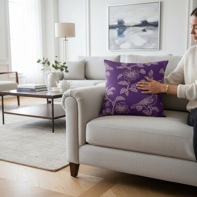 Elegant Bird Floral Pattern Plum Throw Pillow (Creator Uploaded)