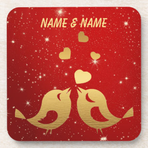 Elegant Bird Golden Heart Red Shiny Wedding Party Coaster