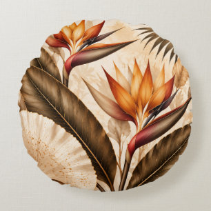 Elegant Bird of Paradise & Ginkgo Botanical Artwor Round Pillow