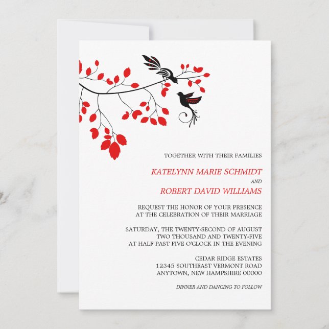 Elegant Birds On a Branch Red and Black Wedding Invitation (Front)