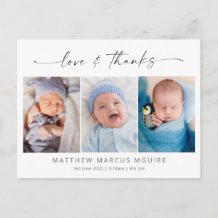 Elegant birth announcement, love and thanks photo postcard