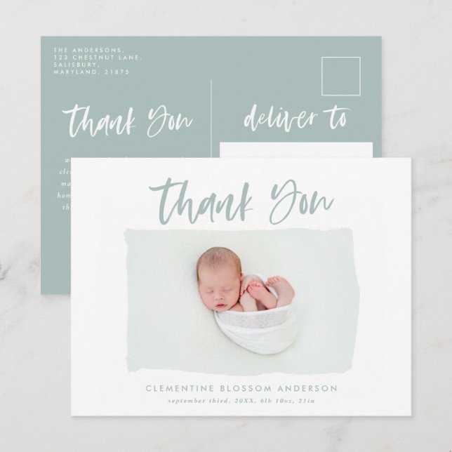 Elegant birth announcement photo thank you postcard (Front/Back)