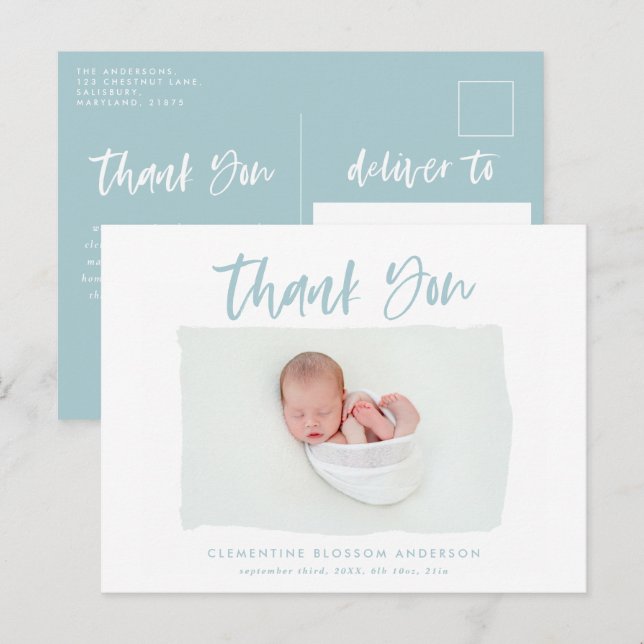 Elegant birth announcement photo thank you postcard (Front/Back)