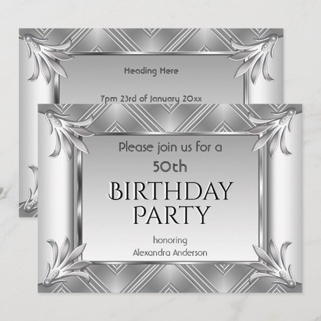 Elegant Birthday Art Deco Silver Chrome  Invitation (Front/Back)