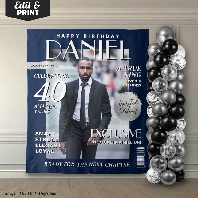 Elegant Birthday Backdrop Custom Magazine Cover Tapestry (Birthday Custom Magazine Cover Backdrop for Men, Navy Blue Silver Banner Ste and Repeat Fashion)