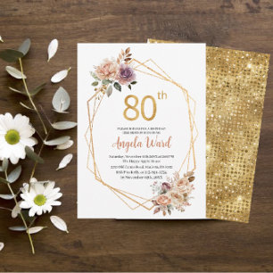 Elegant birthday celebration beige flowers glitter invitation