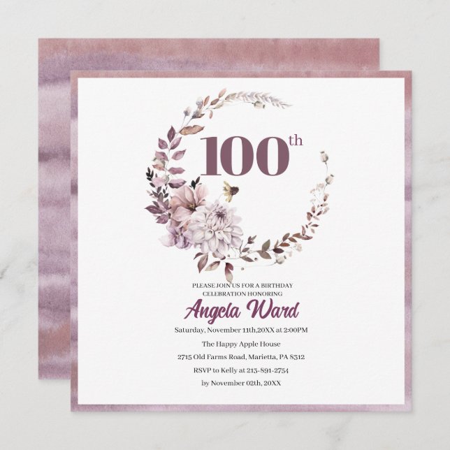 Elegant birthday celebration  floral glitter 100th invitation (Front/Back)