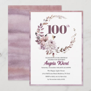 Elegant birthday celebration  floral glitter 100th invitation