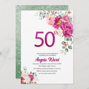 Elegant birthday celebration  floral glitter 50th invitation