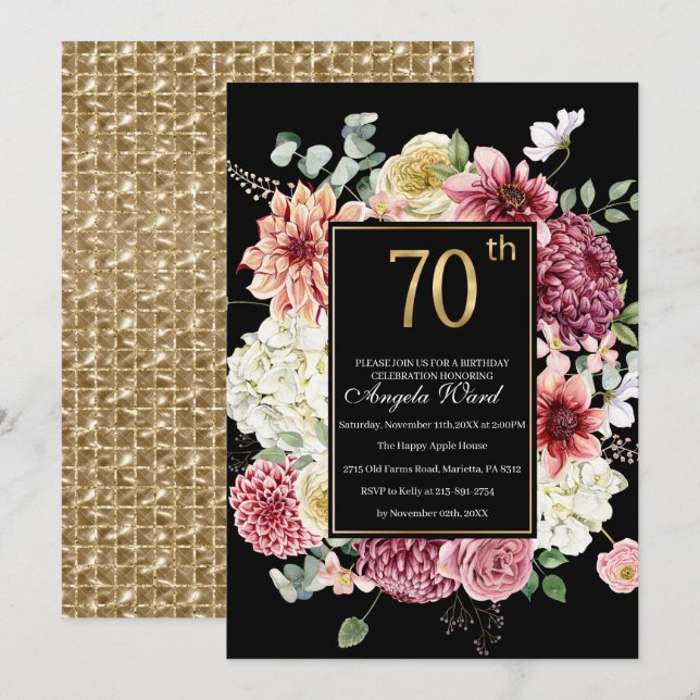 Elegant birthday celebration  floral glitter 70th  invitation (Front/Back)