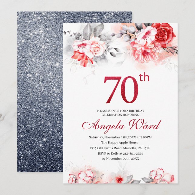 Elegant birthday celebration  floral glitter 70th invitation (Front/Back)