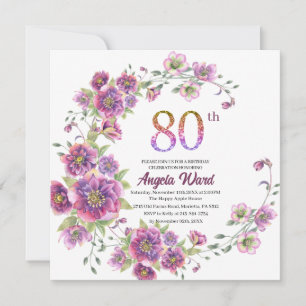 Elegant birthday celebration  floral glitter 80 th invitation